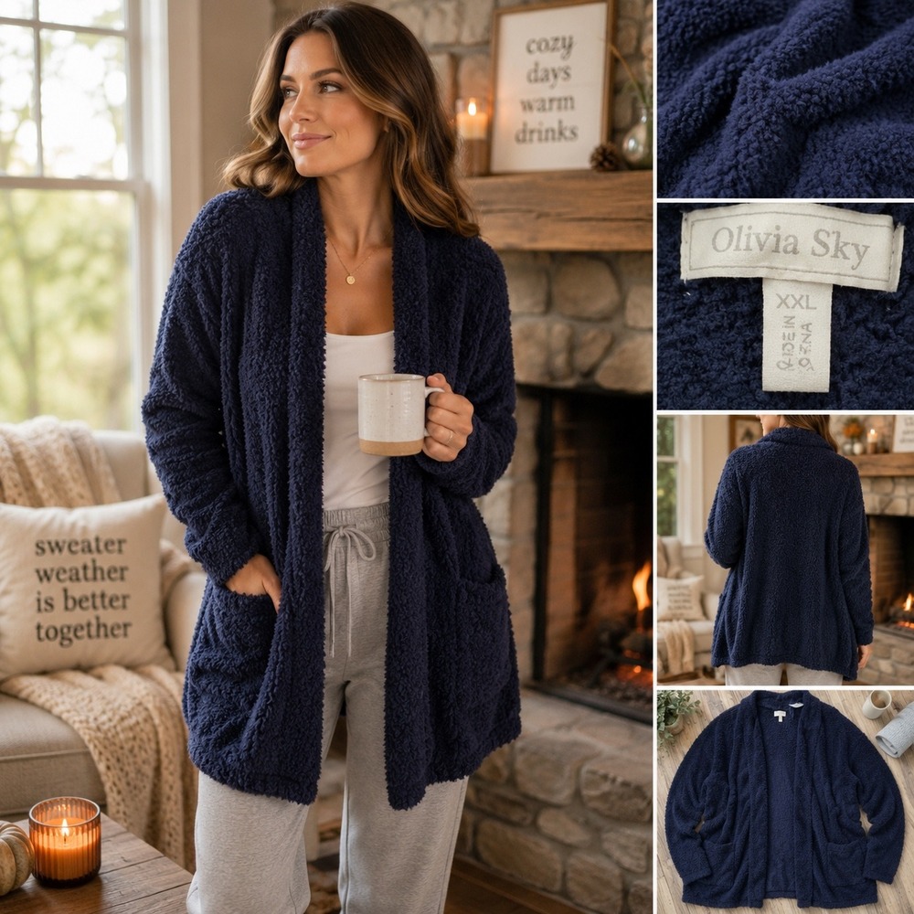 Olivia Sky Navy Blue Popcorn Knit Hooded Cardigan Sweater XXL Cozy Teddy Lounge